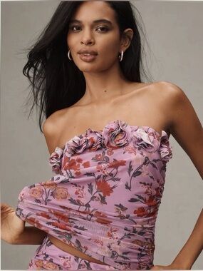 NWT Anthropologie 3D Floral Mesh Tube Top Purple Floral Size S